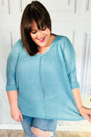 Just My Type Dusty Teal Jacquard Hi-Low V Neck Sweater (Open Pack)