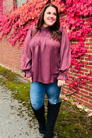 Be Your Best Wine Satin Shirred Yoke Frilled Mock Neck Holiday Top (Open Pack)