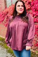 Be Your Best Wine Satin Shirred Yoke Frilled Mock Neck Holiday Top (Open Pack)