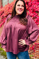 Be Your Best Wine Satin Shirred Yoke Frilled Mock Neck Holiday Top (Open Pack)