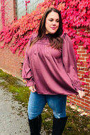 Be Your Best Wine Satin Shirred Yoke Frilled Mock Neck Holiday Top (Open Pack)
