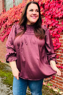 Be Your Best Wine Satin Shirred Yoke Frilled Mock Neck Holiday Top (Open Pack)
