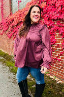 Be Your Best Wine Satin Shirred Yoke Frilled Mock Neck Holiday Top (Open Pack)