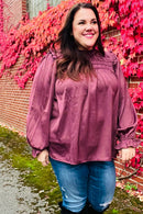 Be Your Best Wine Satin Shirred Yoke Frilled Mock Neck Holiday Top (Open Pack)
