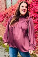 Be Your Best Wine Satin Shirred Yoke Frilled Mock Neck Holiday Top (Open Pack)