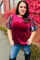 Diva Dreams Wine Floral Sequin Puff Sleeve Velvet Holiday Top (Open Pack)