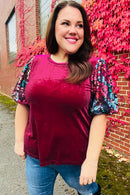 Diva Dreams Wine Floral Sequin Puff Sleeve Velvet Holiday Top (Open Pack)