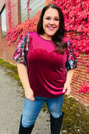Diva Dreams Wine Floral Sequin Puff Sleeve Velvet Holiday Top (Open Pack)