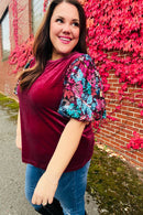 Diva Dreams Wine Floral Sequin Puff Sleeve Velvet Holiday Top (Open Pack)