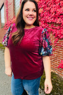Diva Dreams Wine Floral Sequin Puff Sleeve Velvet Holiday Top (Open Pack)