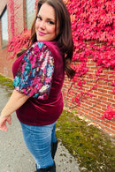 Diva Dreams Wine Floral Sequin Puff Sleeve Velvet Holiday Top (Open Pack)