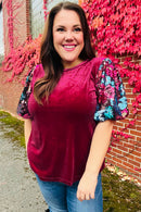 Diva Dreams Wine Floral Sequin Puff Sleeve Velvet Holiday Top (Open Pack)