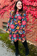 Lock Eyes Black Floral Sequin Print Ruffle Sleeve Frill Mock Neck Dress (Open Pack)