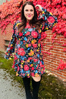 Lock Eyes Black Floral Sequin Print Ruffle Sleeve Frill Mock Neck Dress (Open Pack)