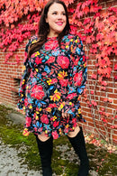 Lock Eyes Black Floral Sequin Print Ruffle Sleeve Frill Mock Neck Dress (Open Pack)