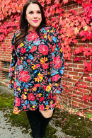 Lock Eyes Black Floral Sequin Print Ruffle Sleeve Frill Mock Neck Dress (Open Pack)