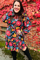 Lock Eyes Black Floral Sequin Print Ruffle Sleeve Frill Mock Neck Dress (Open Pack)