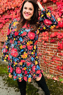 Lock Eyes Black Floral Sequin Print Ruffle Sleeve Frill Mock Neck Dress (Open Pack)