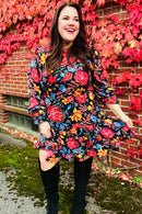 Lock Eyes Black Floral Sequin Print Ruffle Sleeve Frill Mock Neck Dress (Open Pack)