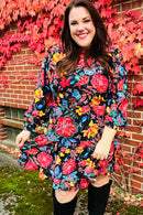 Lock Eyes Black Floral Sequin Print Ruffle Sleeve Frill Mock Neck Dress (Open Pack)
