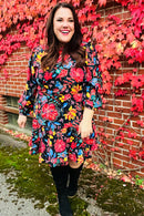Lock Eyes Black Floral Sequin Print Ruffle Sleeve Frill Mock Neck Dress (Open Pack)