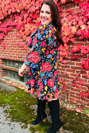 Lock Eyes Black Floral Sequin Print Ruffle Sleeve Frill Mock Neck Dress (Open Pack)