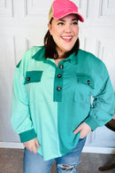 On The Way Up Mint Color Block Button Down Pullover (Open Pack)