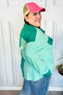 On The Way Up Mint Color Block Button Down Pullover (Open Pack)