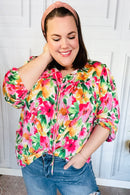 Pretty In Pink Watercolor Floral Yoke Tie Top (Open Pack)