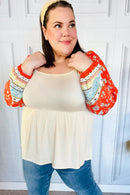 Hello Beautiful Oatmeal & Orange Square Neck Paisley Floral Blouse (Open Pack)
