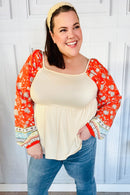 Hello Beautiful Oatmeal & Orange Square Neck Paisley Floral Blouse (Open Pack)