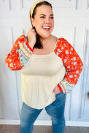Hello Beautiful Oatmeal & Orange Square Neck Paisley Floral Blouse (Open Pack)
