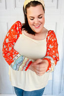 Hello Beautiful Oatmeal & Orange Square Neck Paisley Floral Blouse (Open Pack)
