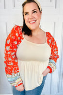 Hello Beautiful Oatmeal & Orange Square Neck Paisley Floral Blouse (Open Pack)