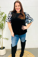 Feeling Glamorous Black Floral Sequin Puff Sleeve Velvet Top (Open Pack)