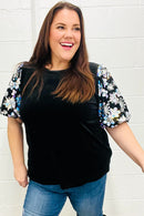 Feeling Glamorous Black Floral Sequin Puff Sleeve Velvet Top (Open Pack)