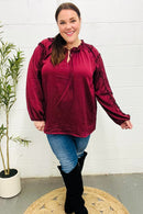 Holiday Vibes Burgundy Frill Detail Tie Neck Satin Top (Open Pack)