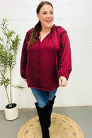 Holiday Vibes Burgundy Frill Detail Tie Neck Satin Top (Open Pack)