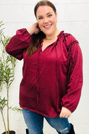 Holiday Vibes Burgundy Frill Detail Tie Neck Satin Top (Open Pack)