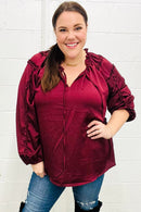 Holiday Vibes Burgundy Frill Detail Tie Neck Satin Top (Open Pack)