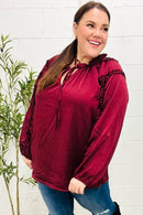 Holiday Vibes Burgundy Frill Detail Tie Neck Satin Top (Open Pack)