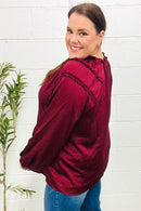 Holiday Vibes Burgundy Frill Detail Tie Neck Satin Top (Open Pack)