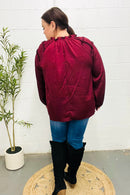 Holiday Vibes Burgundy Frill Detail Tie Neck Satin Top (Open Pack)