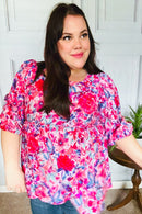 Feeling Femmi Pink & Fuchsia Floral Peplum Woven Top (Open Pack)