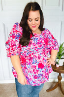 Feeling Femmi Pink & Fuchsia Floral Peplum Woven Top (Open Pack)