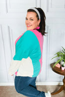 Stand Out Hot Pink & Mint V Neck Collared Terry Color Block Top (Open Pack)
