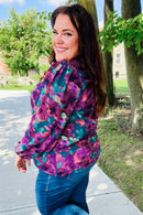 Beautiful You Hunter Green Watercolor Floral Print Notch Neck Top (Open Pack)