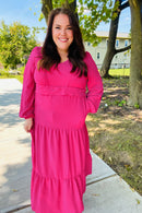 Beautiful You Berry Pintuck Detail Frill V Neck Maxi Dress (Open Pack)
