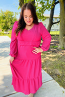 Beautiful You Berry Pintuck Detail Frill V Neck Maxi Dress (Open Pack)
