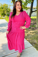 Beautiful You Berry Pintuck Detail Frill V Neck Maxi Dress (Open Pack)